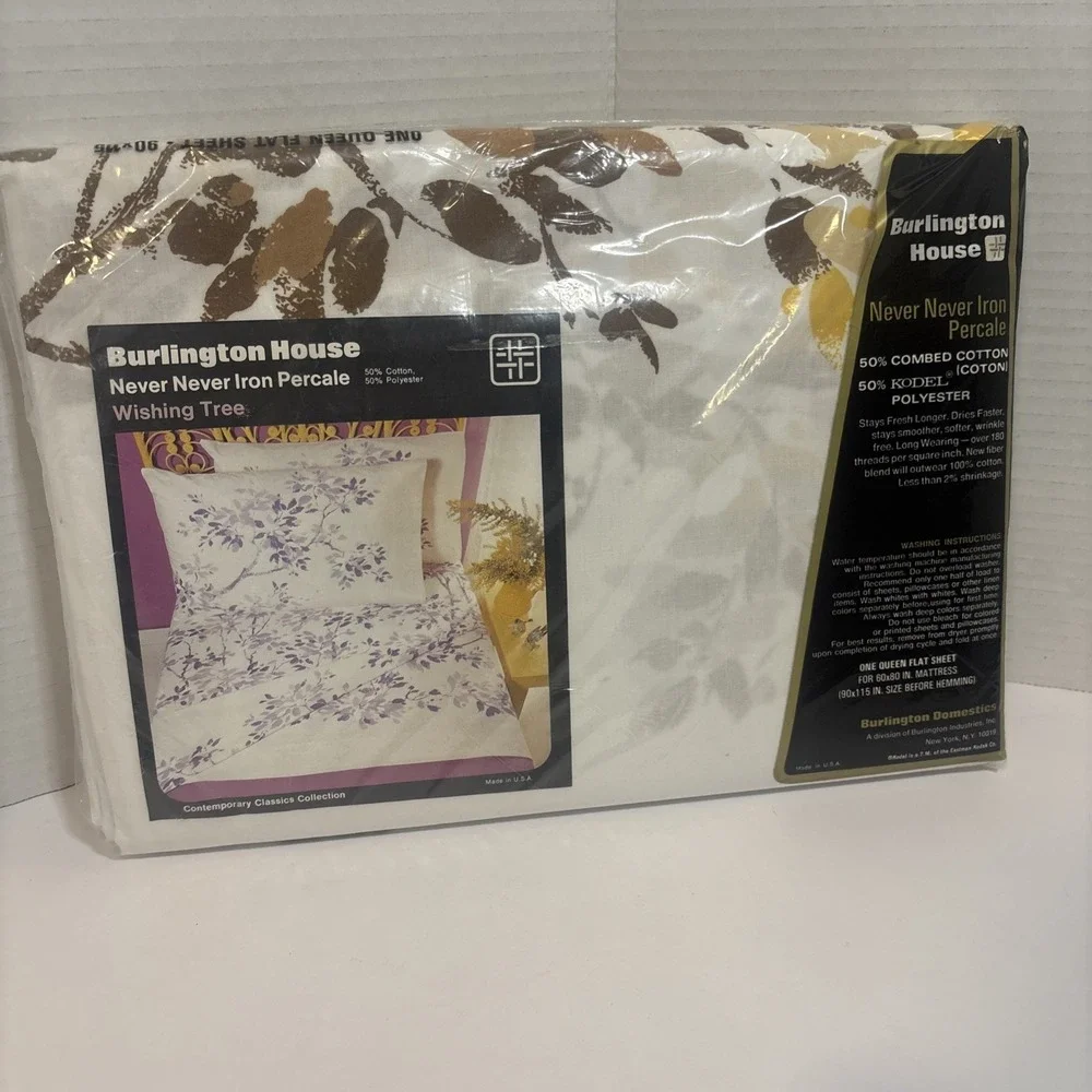 NOS VINTAGE BURLINGTON WISHING TREE NEVER NEVER IRON GOLD STAR QUEEN FLAT SHEET